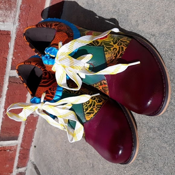 Boho Sz 42 Floral Multicolor Lace Up Ruffle Patchwork Clog Shoes - Picture 3 of 17